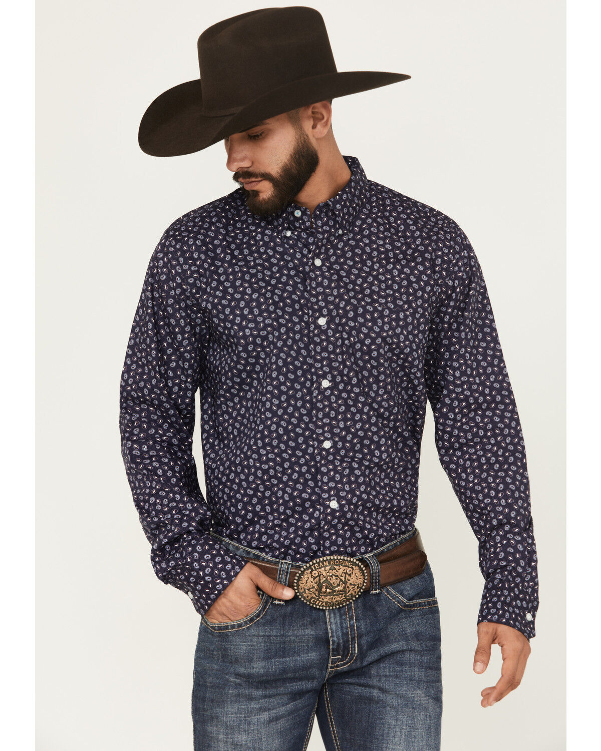 Image #1 - Wrangler X Cody Johnson Men's Paisley Print Long Sleeve Button-Down Western Shirt - Tall, Navy, hi-res