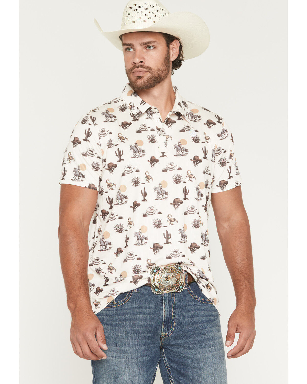 Rock & Roll Denim Men's Conversational Print Short Sleeve Stretch Polo, Natural, hi-res