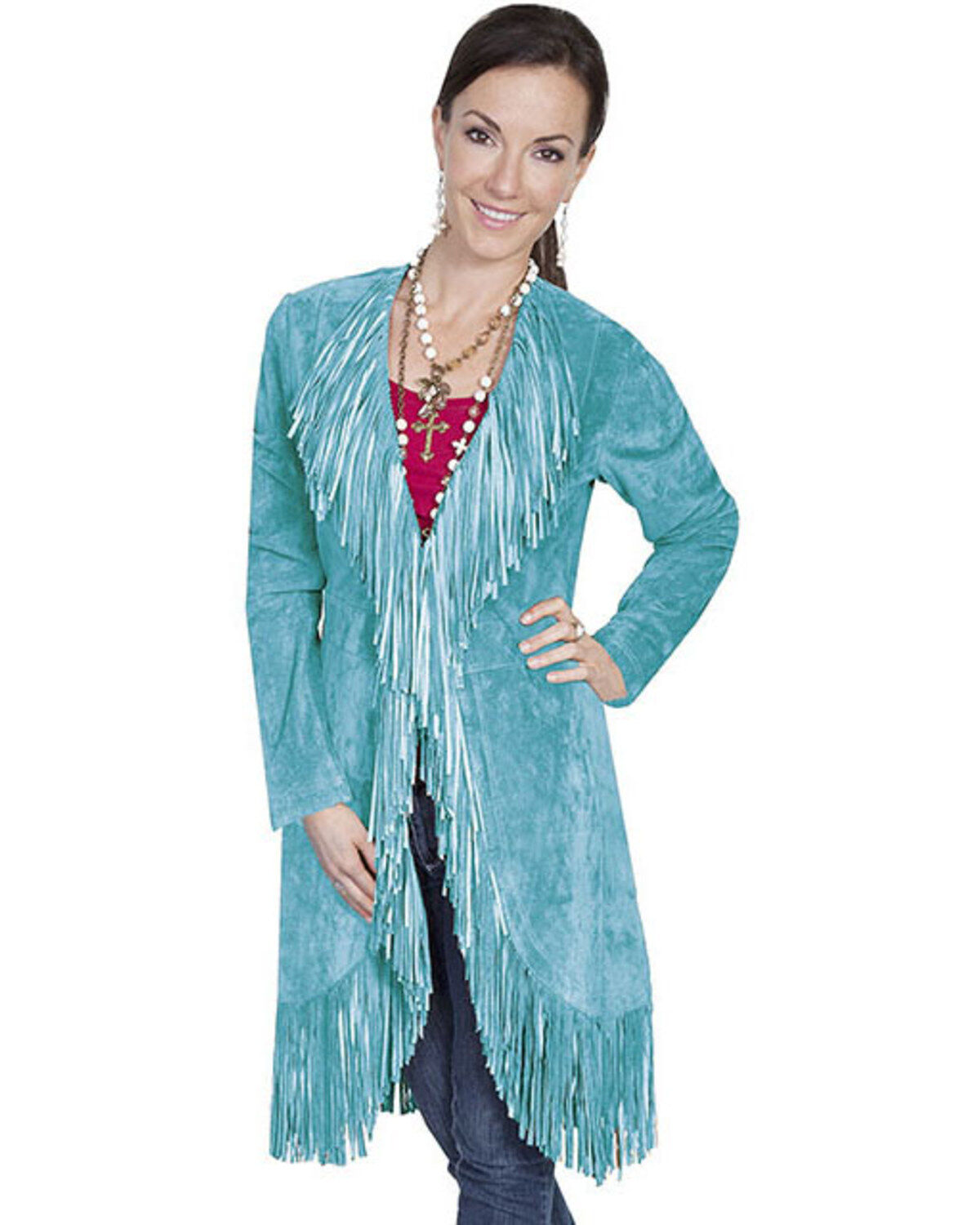 Image #1 - Scully Women's Suede Fringe Maxi Coat, Turquoise, hi-res