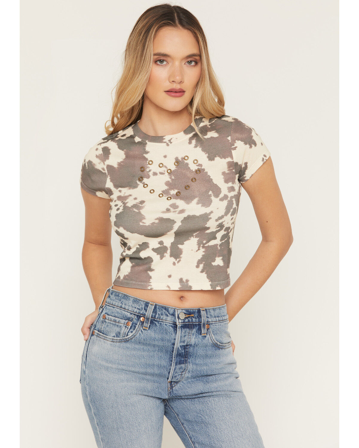 Image #1 - Youth in Revolt Women's Cowhide Print Studded Heart Short Sleeve Baby Tee, Brown, hi-res