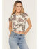 Image #1 - Youth in Revolt Women's Cowhide Print Studded Heart Short Sleeve Baby Tee, Brown, hi-res