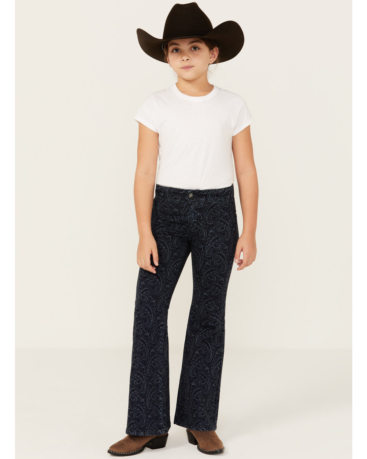 Image #1 - Rock & Roll Denim Girls' Dark Wash Paisley Print Button Stretch Flare Jeans, Blue, hi-res