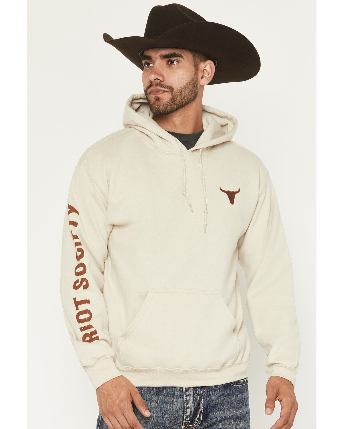 Riot Society Men's Bull Skull Embroidered Hooded Sweatshirt, Sand, hi-res