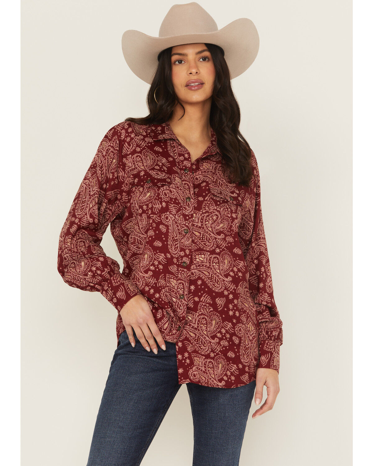 Ariat Women's Paisley Print Long Sleeve Snap Stretch Western Shirt, Burgundy, hi-res