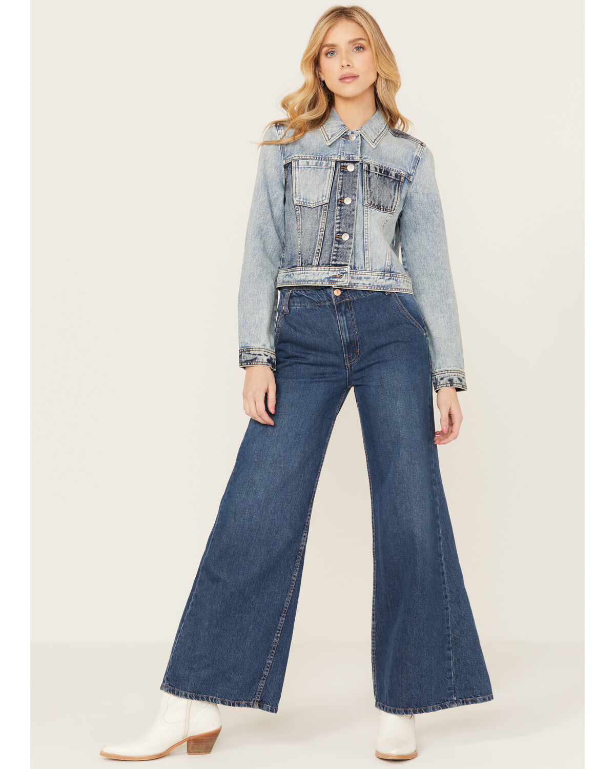 Cleo + Wolf Women's Light Wash Cropped Trucker Denim Jacket, Light Medium Wash, hi-res