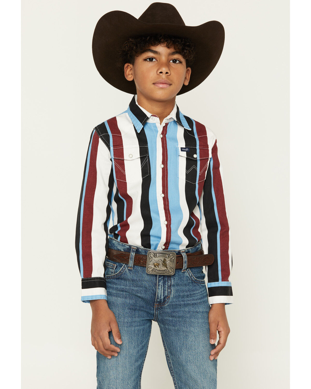 Image #1 - Wrangler Boys' Brushpopper Striped Long Sleeve Pearl Snap Western Shirt, Multi, hi-res