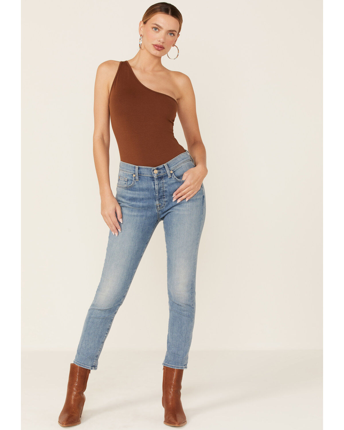 7 For All Mankind Light Wash Mid Rise Crop Skinny Denim Jeans, Blue, hi-res