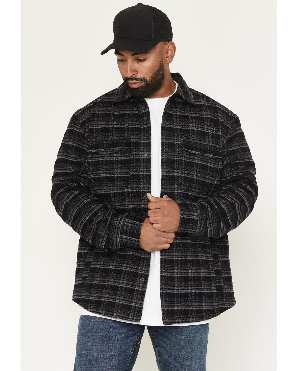 Image #1 - Hawx Men's Harvester Plaid Print Quilted Snap Jacket, Charcoal, hi-res
