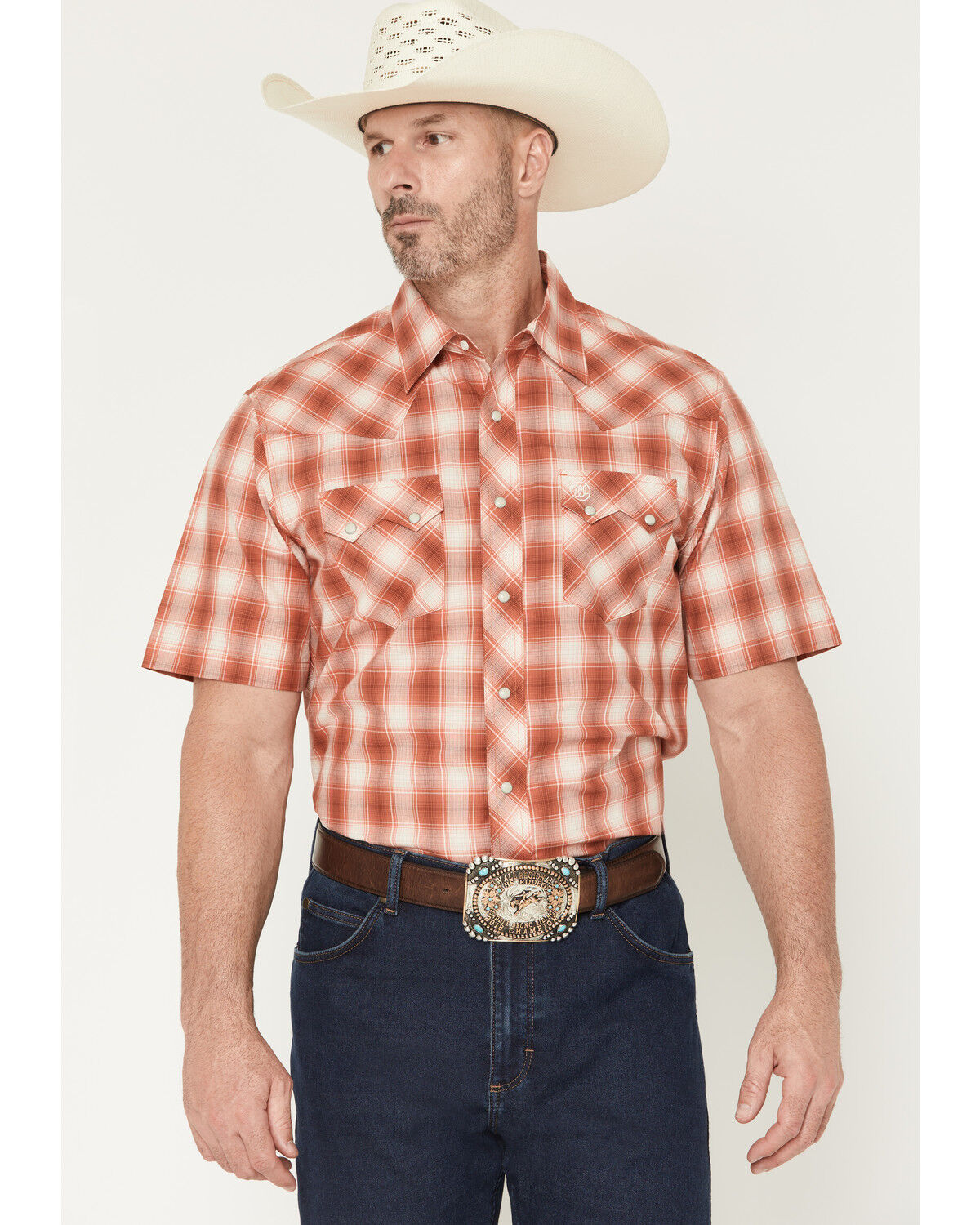 Image #1 - Wrangler Retro Men's Plaid Print Short Sleeve Snap Western Shirt, Orange, hi-res