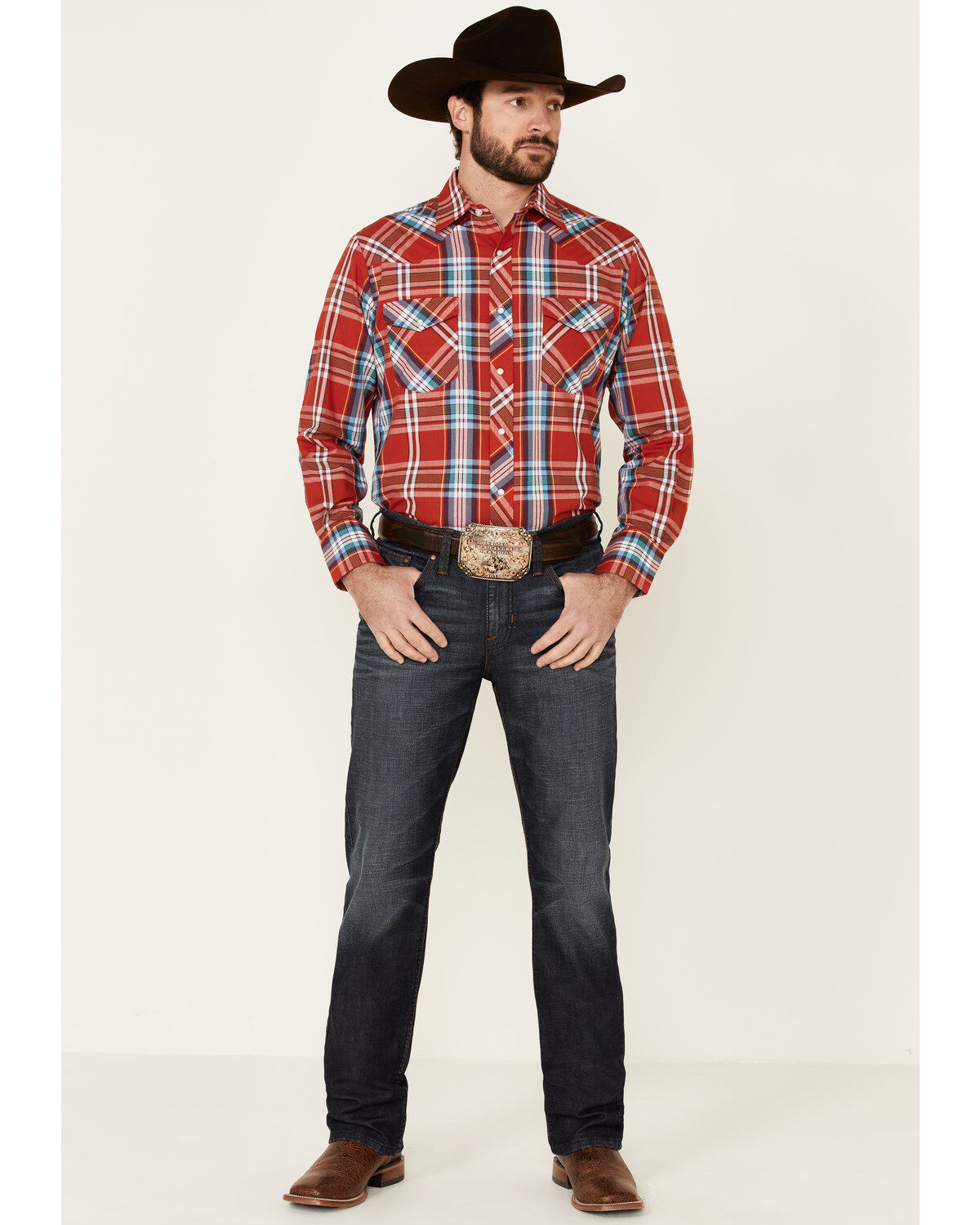 Image #2 - Roper Men's Warm Red Large Plaid Long Sleeve Pearl Snap Western Shirt, Red, hi-res