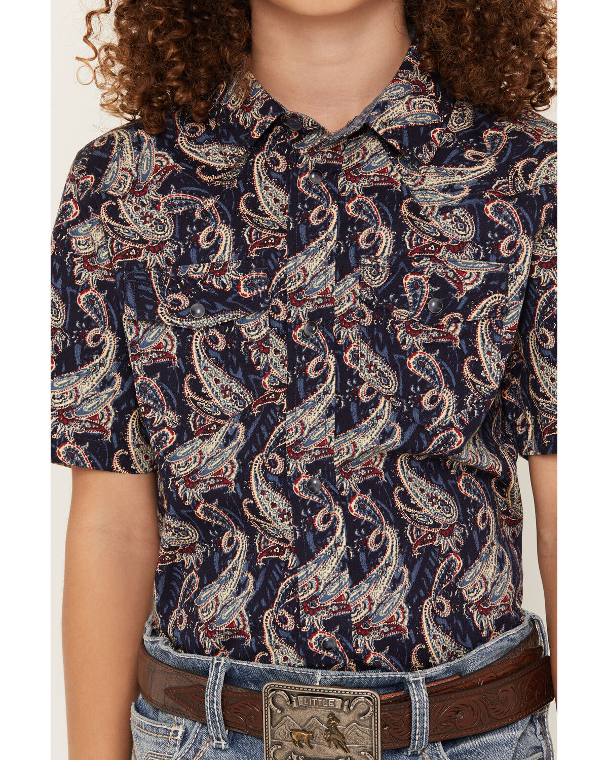 Image #3 - Cody James Boys' Easy Livin Paisley Print Short Sleeve Snap Western Shirt, Navy, hi-res