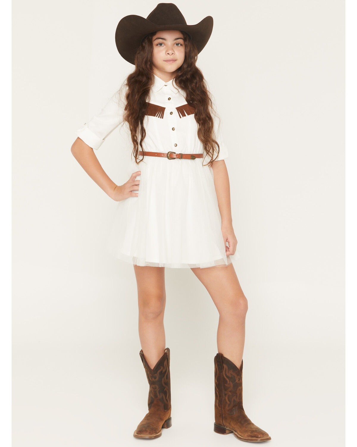 Image #1 - Sugar California Girls' Fringe Long Sleeve Button-Down Denim Tutu Dress, Ivory, hi-res