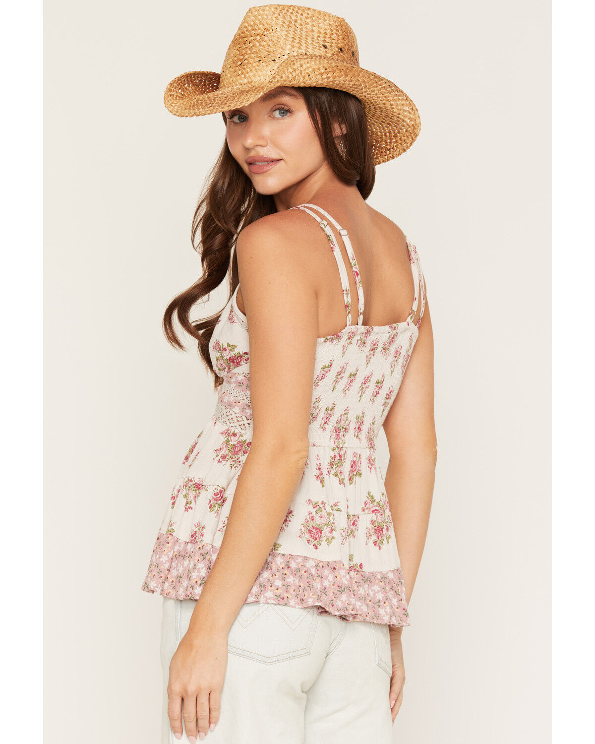 Image #4 - Angie Women's Floral Print Lace Trim Tank Top, Ivory, hi-res