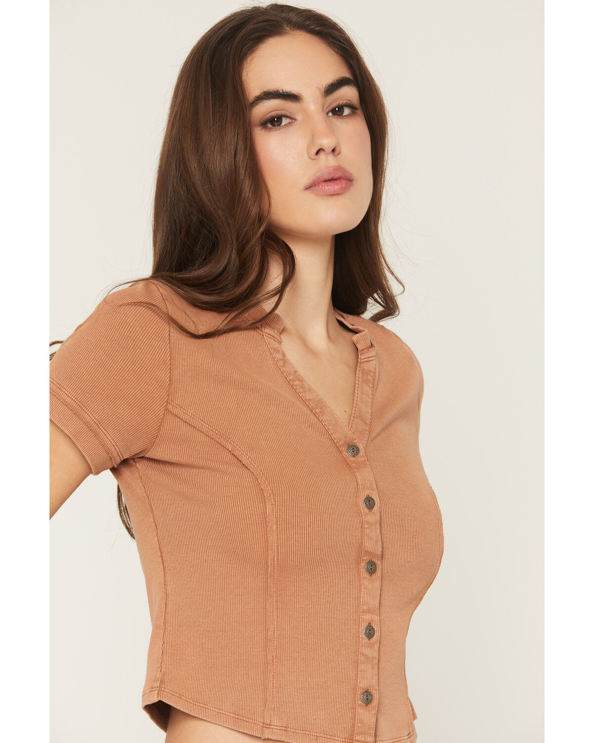 Image #2 - Idyllwind Women's Frisco Solid Short Sleeve Button-Down Rib Knit Shirt, Caramel, hi-res