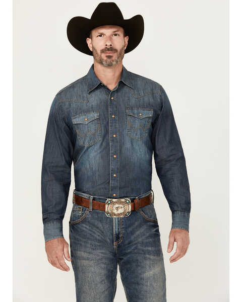 Wrangler Retro Men's Premium Snap Denim Long Sleeve Western Shirt , Indigo, hi-res