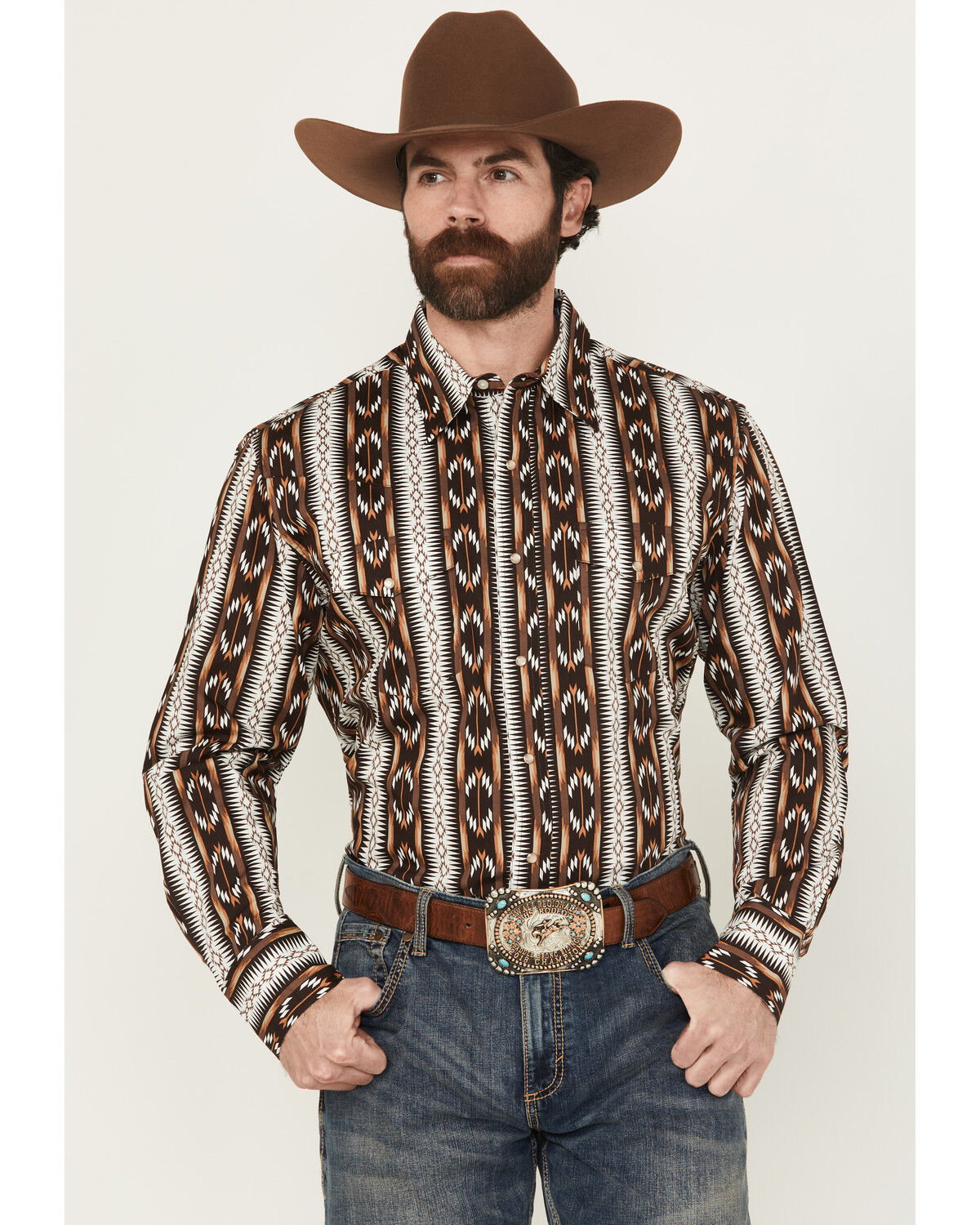 Image #1 - Wrangler Men's Checotah Southwestern Striped Print Long Sleeve Pearl Snap Western Shirt, Brown, hi-res