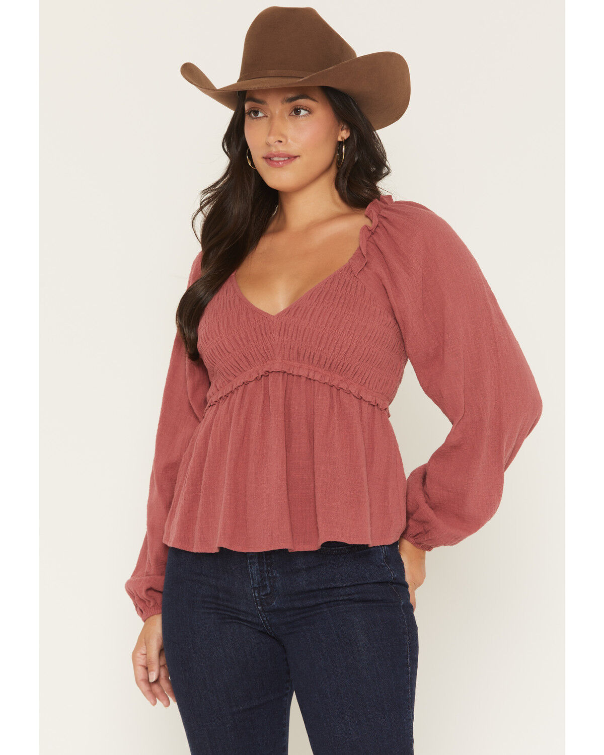 Image #1 - Yura Women's Long Sleeve Smocked Top, Rose, hi-res