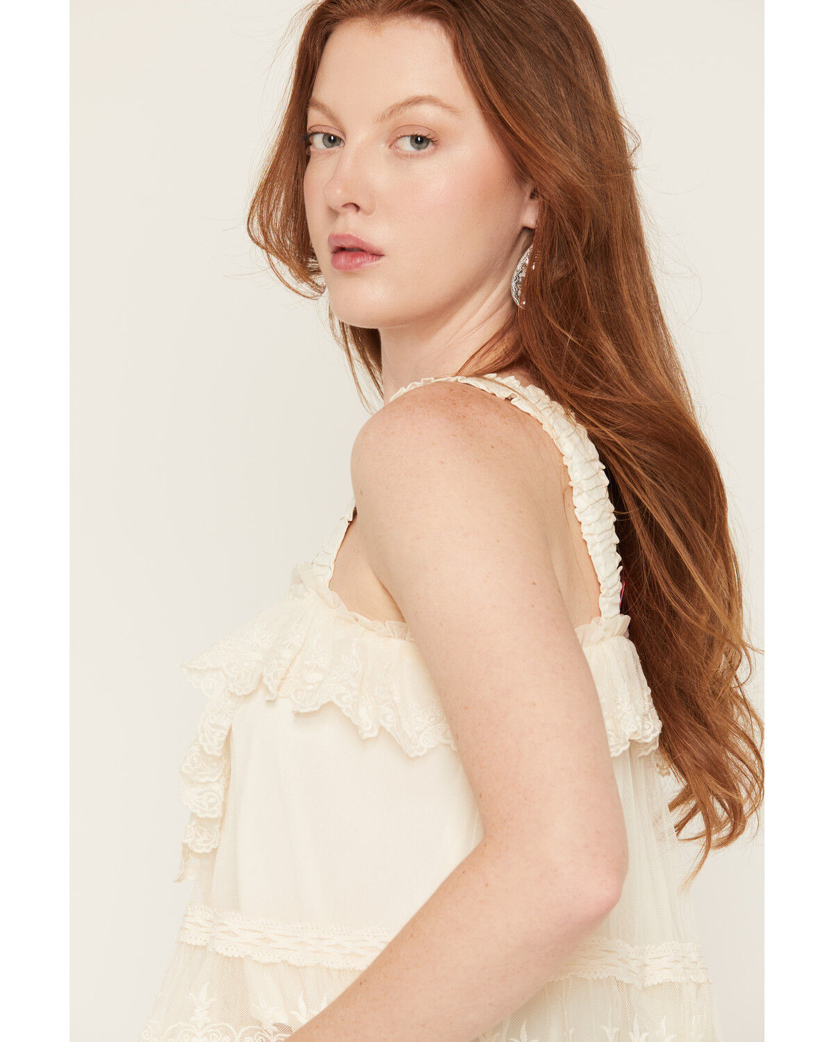 Image #2 - Miss Me Women's Sleeveless Lace Ruffle Top, Cream, hi-res