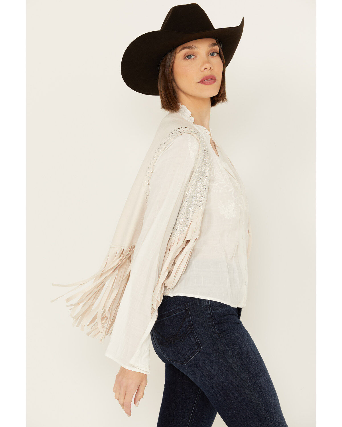 Image #2 - Vocal Women's Rhinestone Cropped Faux Suede Vest, Natural, hi-res