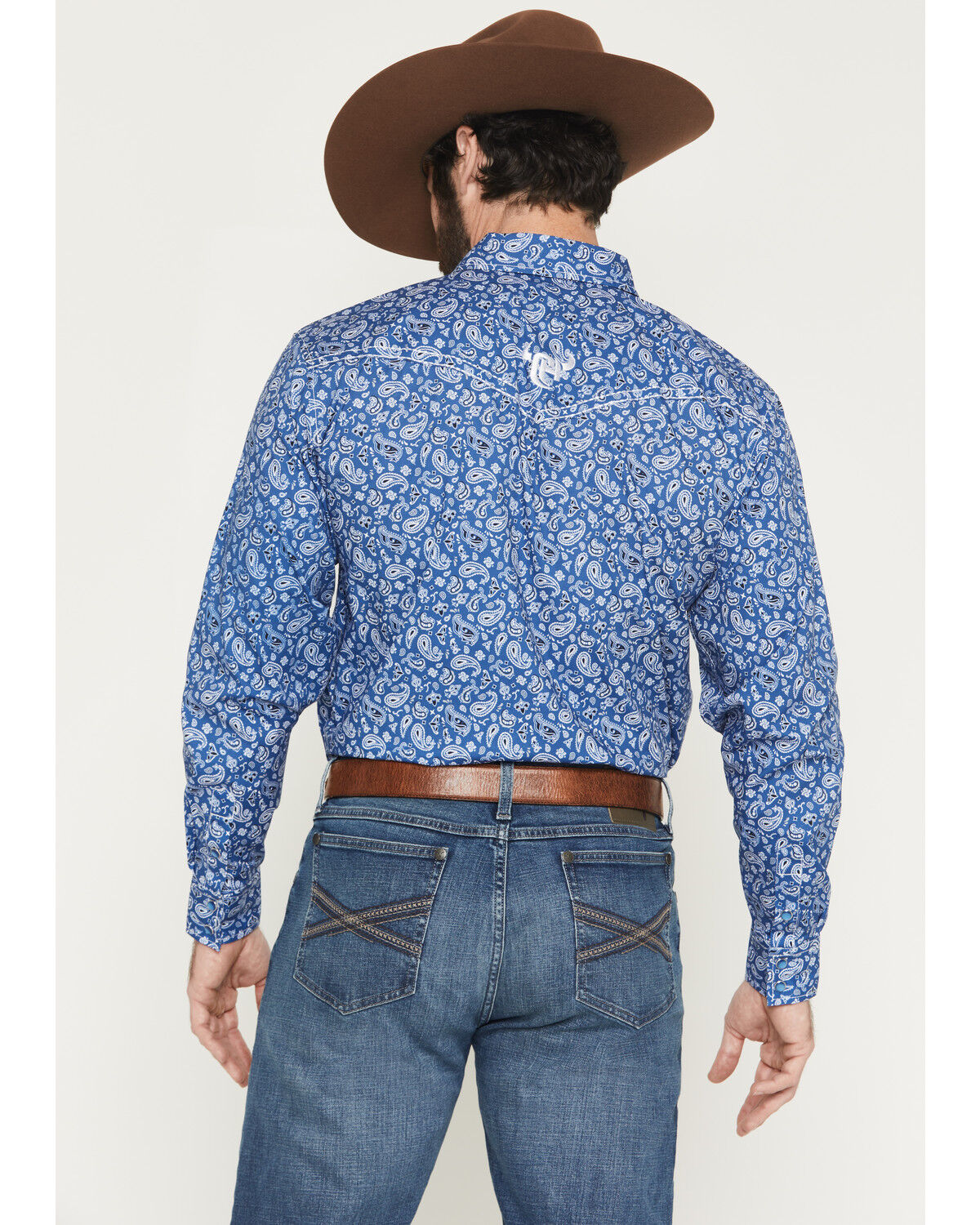 Image #4 - Cowboy Hardware Men's Scatter Paisley Print Long Sleeve Pearl Snap Stretch Western Shirt, Blue, hi-res