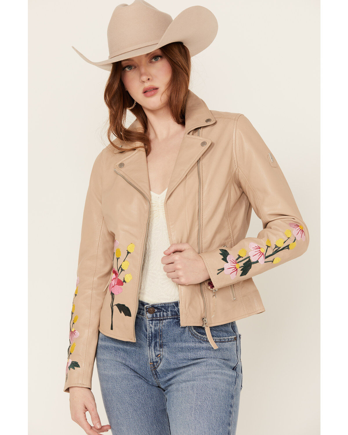 Image #1 - Mauritius Leather Women's Peonie Leather Jacket, Beige, hi-res