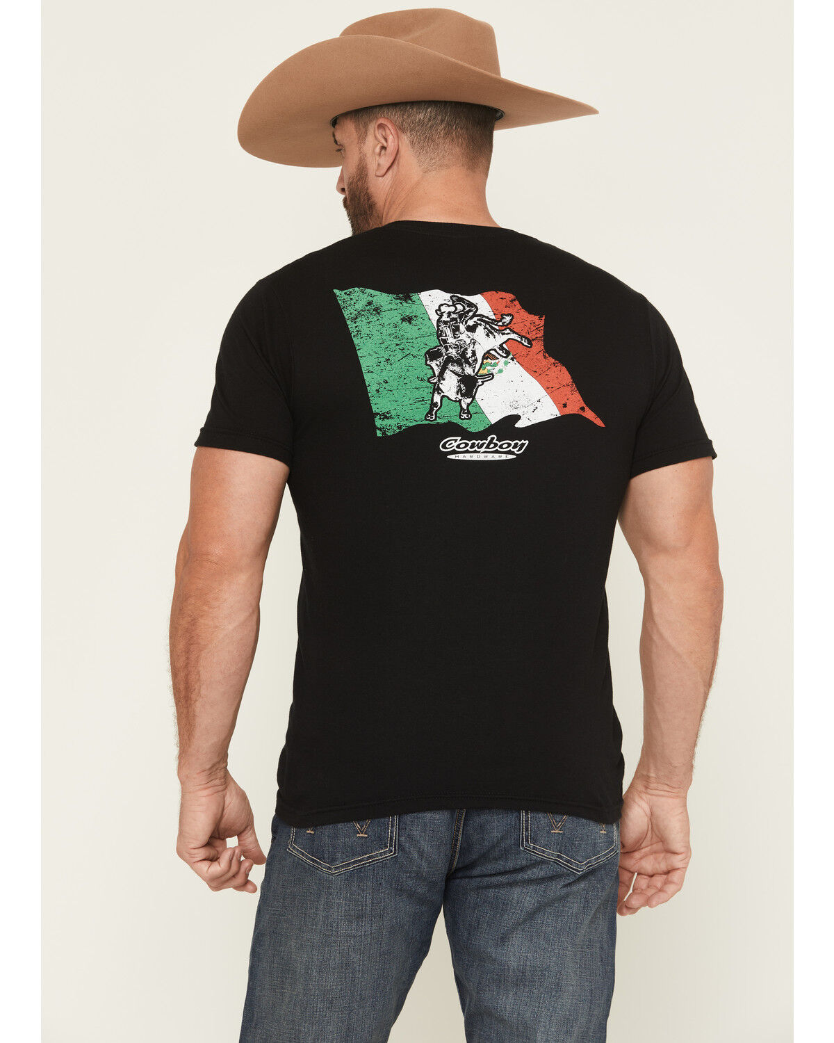 Image #1 - Cowboy Hardware Men's Bull Mexican Flag Short Sleeve Graphic T-Shirt, Black, hi-res