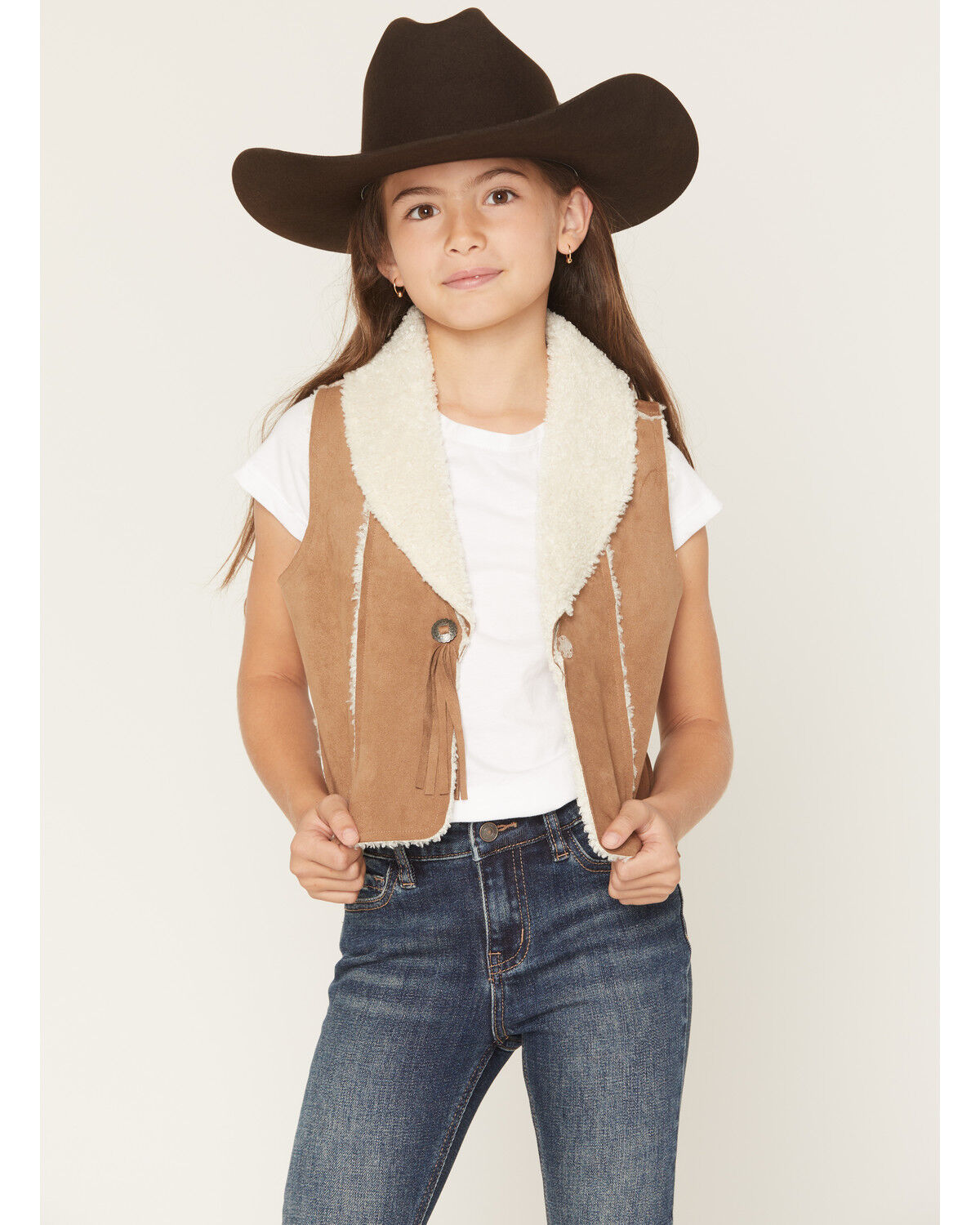 Shyanne Girls' Sherpa Lined Concho Closure Faux Suede Vest, Coffee, hi-res