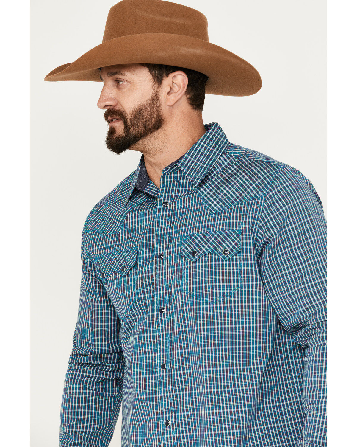 Image #2 - Moonshine Spirit&reg; Men's Free Bird Plaid Print Long Sleeve Western Snap Shirt, Navy, hi-res