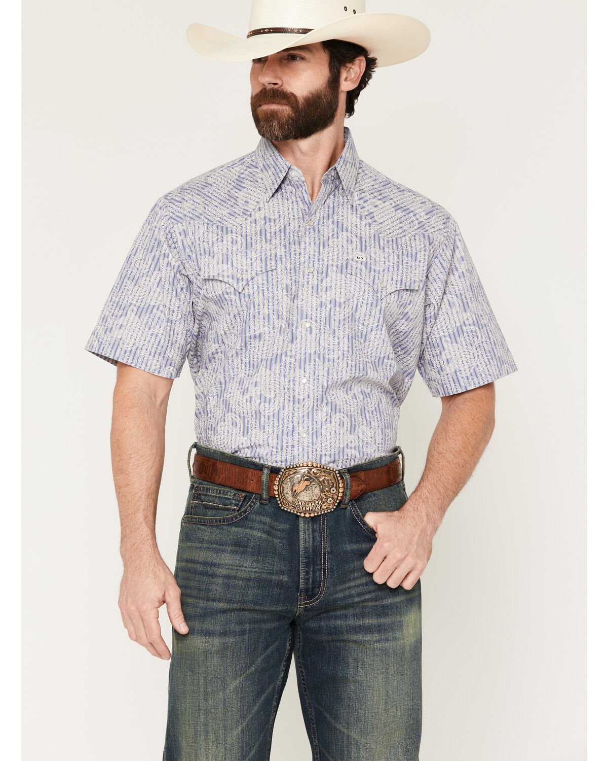 Ely Walker Men's Paisley Print Short Sleeve Snap Western Shirt, Blue, hi-res