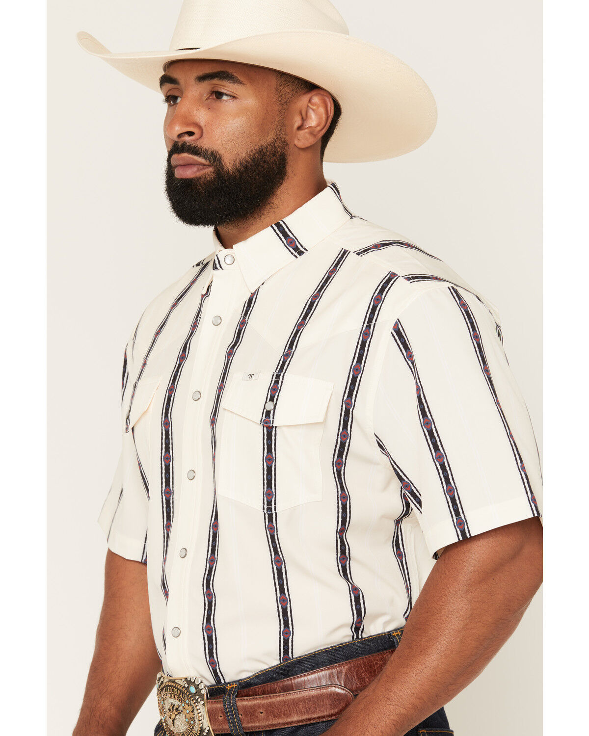 Image #2 - Ferrell Men's Tek Outlaw Southwestern Striped Print Short Sleeve Snap Performance Western Shirt, White, hi-res