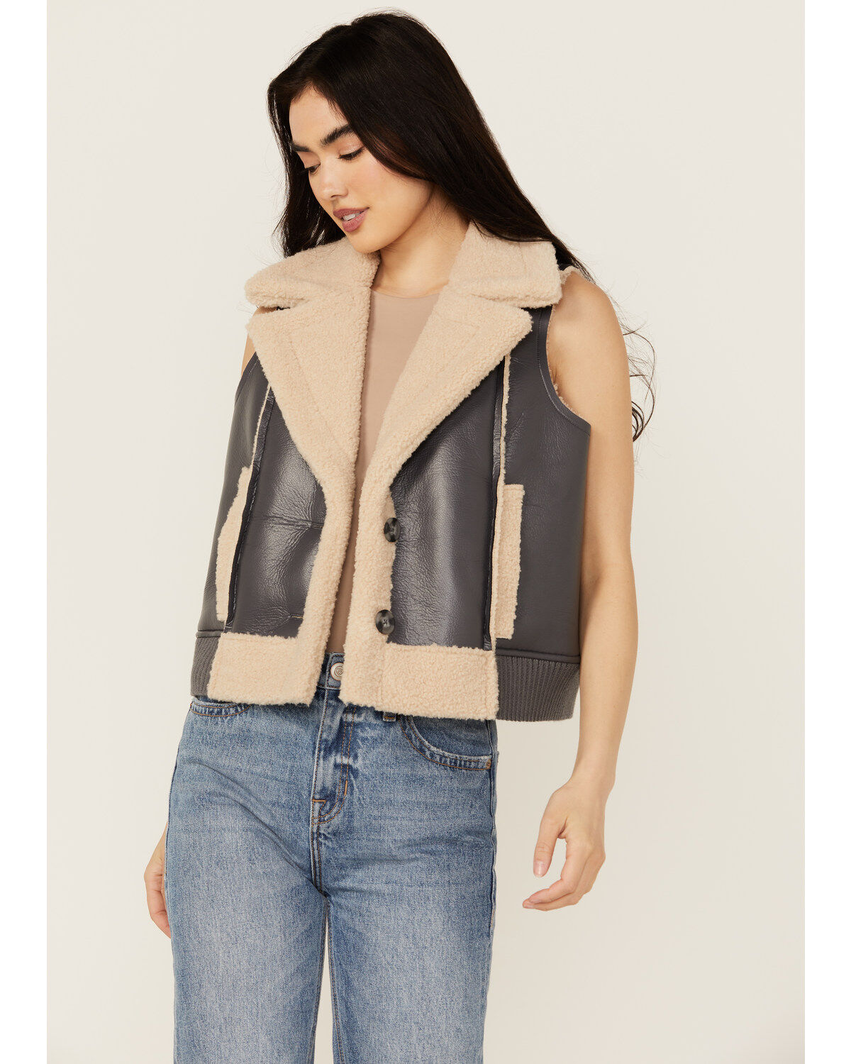 Cleo + Wolf Women's Charles Sherpa Bonded Faux Leather Vest, Charcoal, hi-res