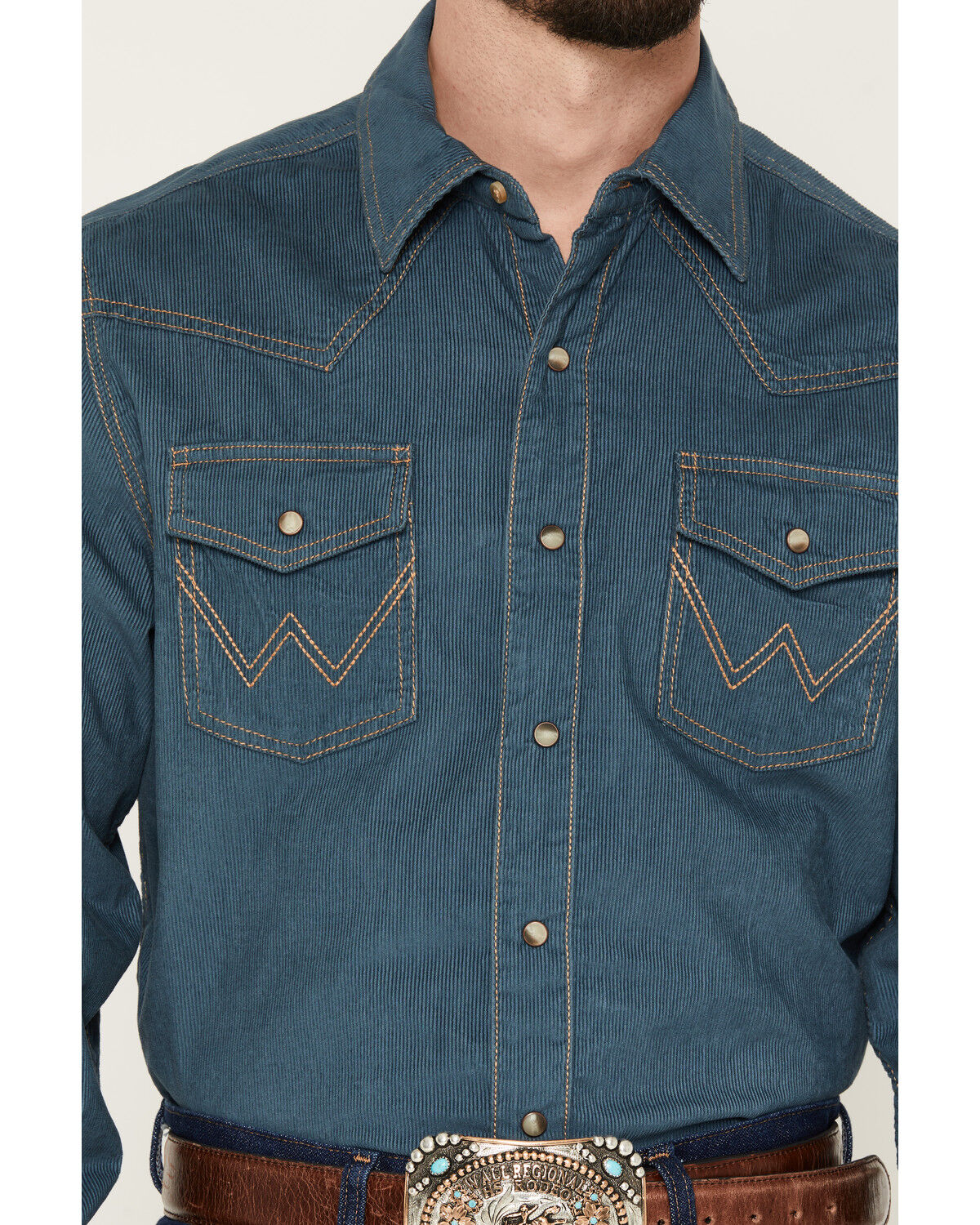 Image #3 - Wrangler Retro Men's Corduroy Solid Long Sleeve Snap Western Shirt, Indigo, hi-res