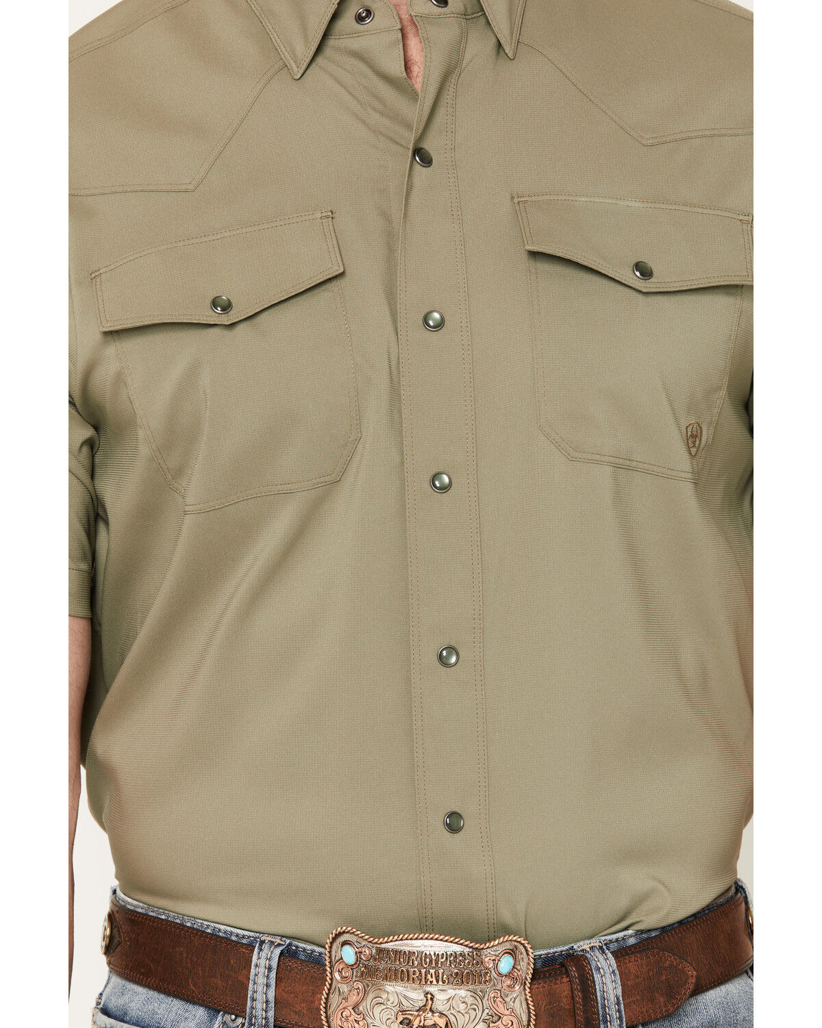 Image #3 - Ariat Men's VentTEK&trade; Solid Short Sleeve Snap Performance Shirt, Olive, hi-res