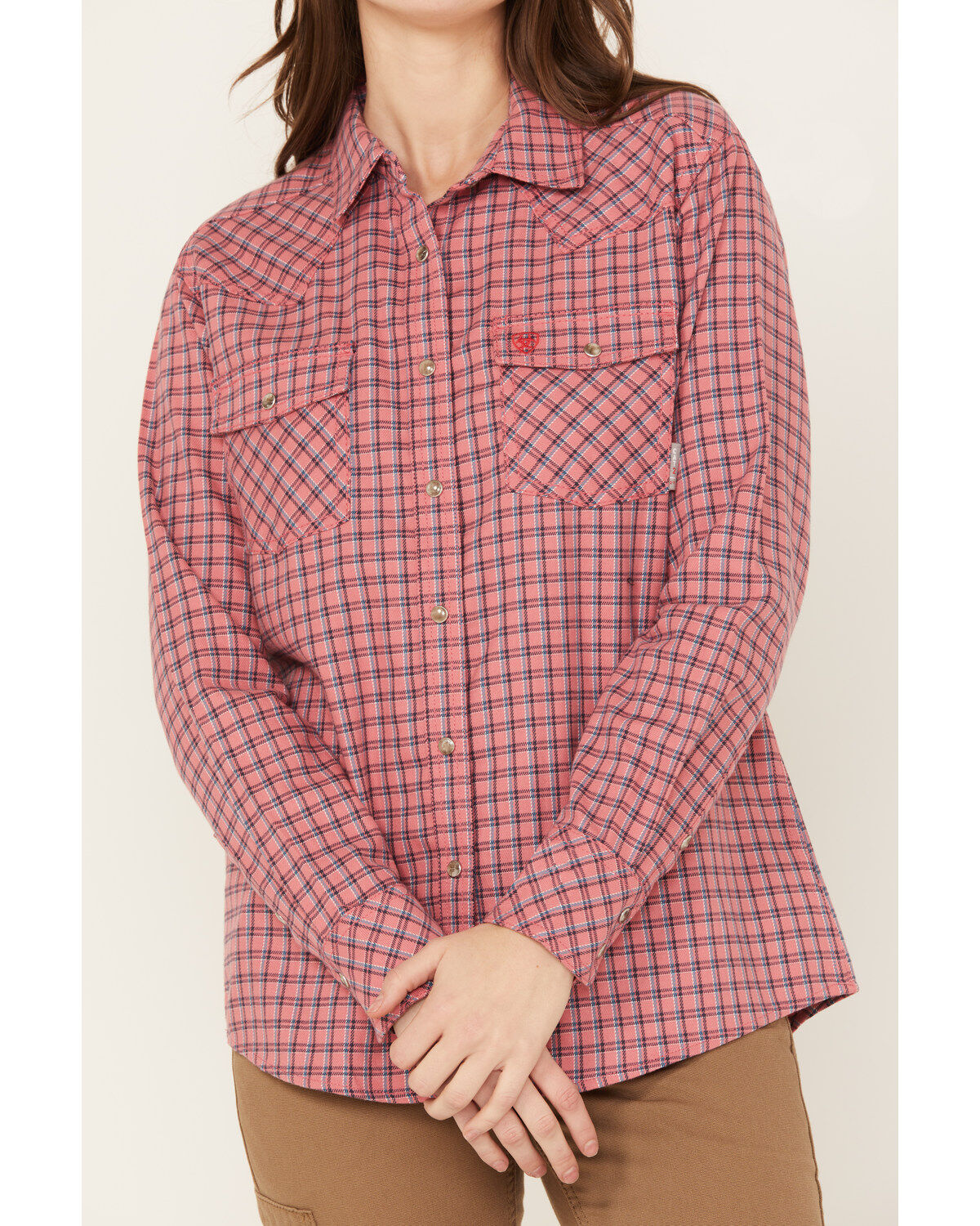 Image #3 - Ariat Women's Fire Resistant Plaid Print Long Sleeve Button-Down Work Shirt, Dark Pink, hi-res