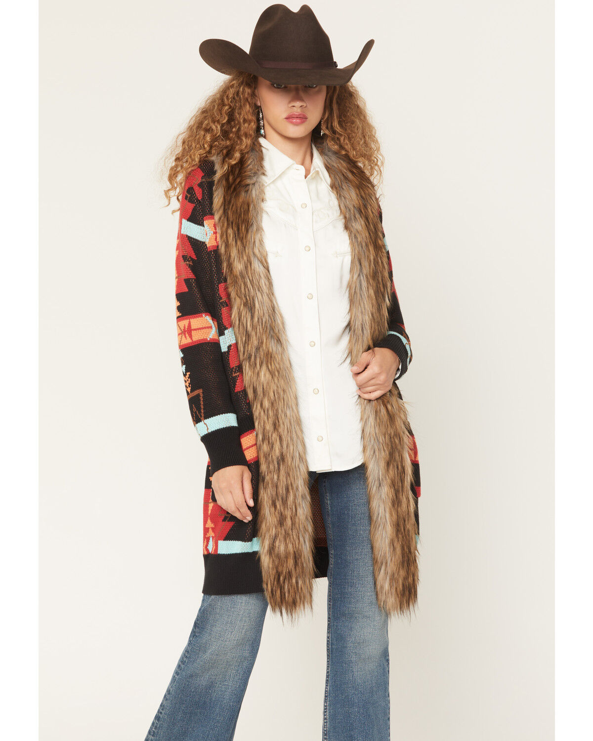 Panhandle Women's Southwestern Print Faux Fur Trim Cardigan, Black, hi-res