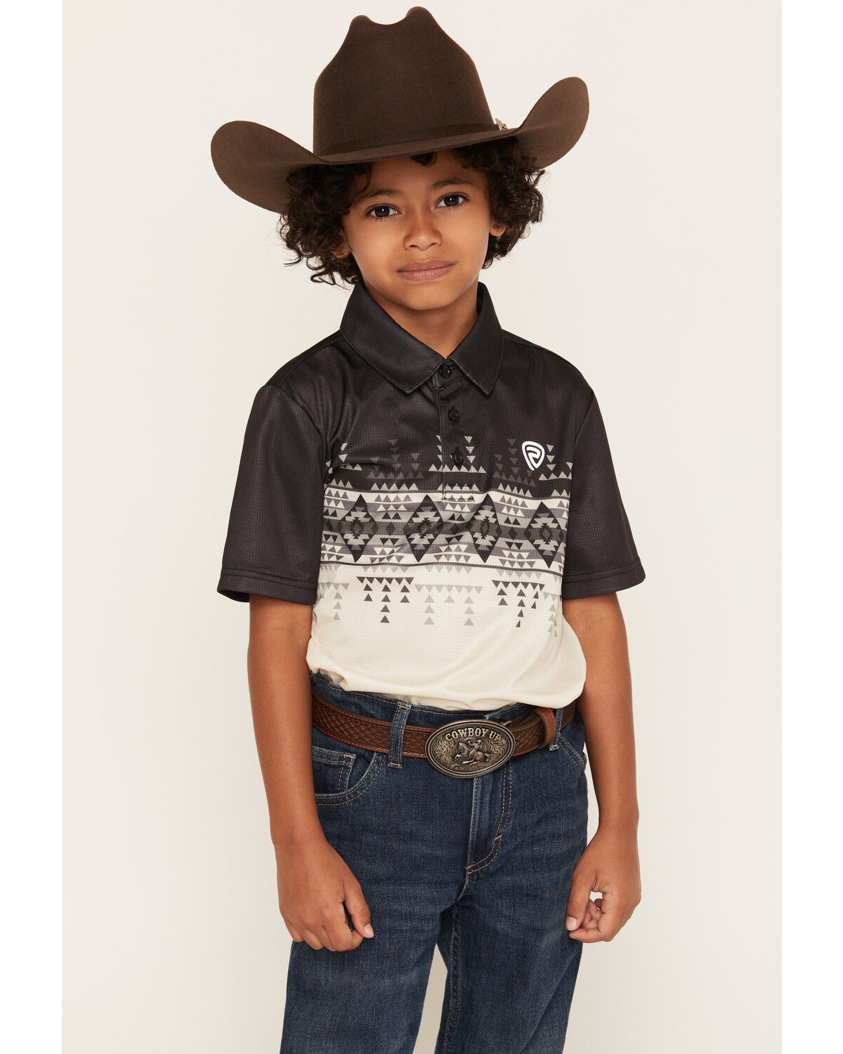 Image #1 - Rock & Roll Denim Boys' Dale Brisby Border Print Short Sleeve Polo, Grey, hi-res