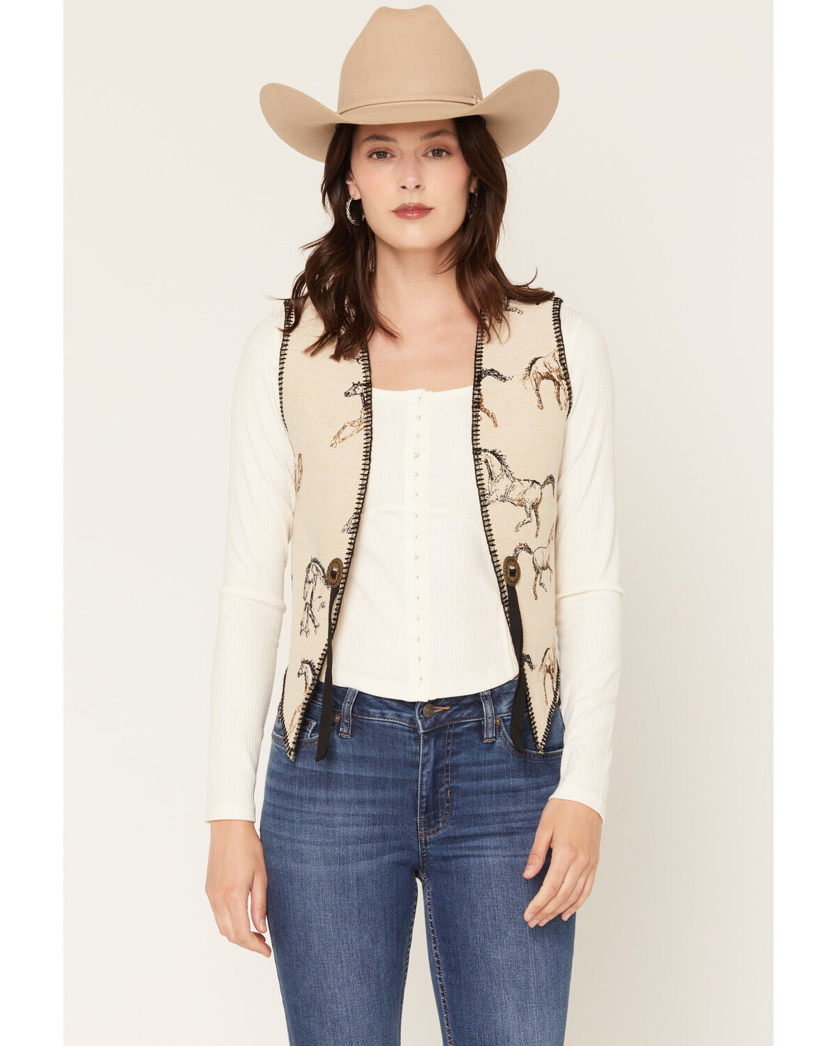 Image #1 - Fornia Women's Running Horse Whip Stitch Vest, Natural, hi-res
