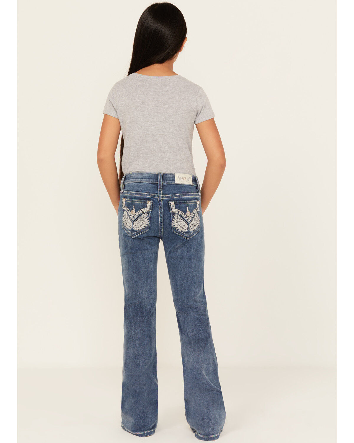 Miss Me Girls' Light Wash Wing Pocket Bootcut Stretch Denim Jeans, Blue, hi-res