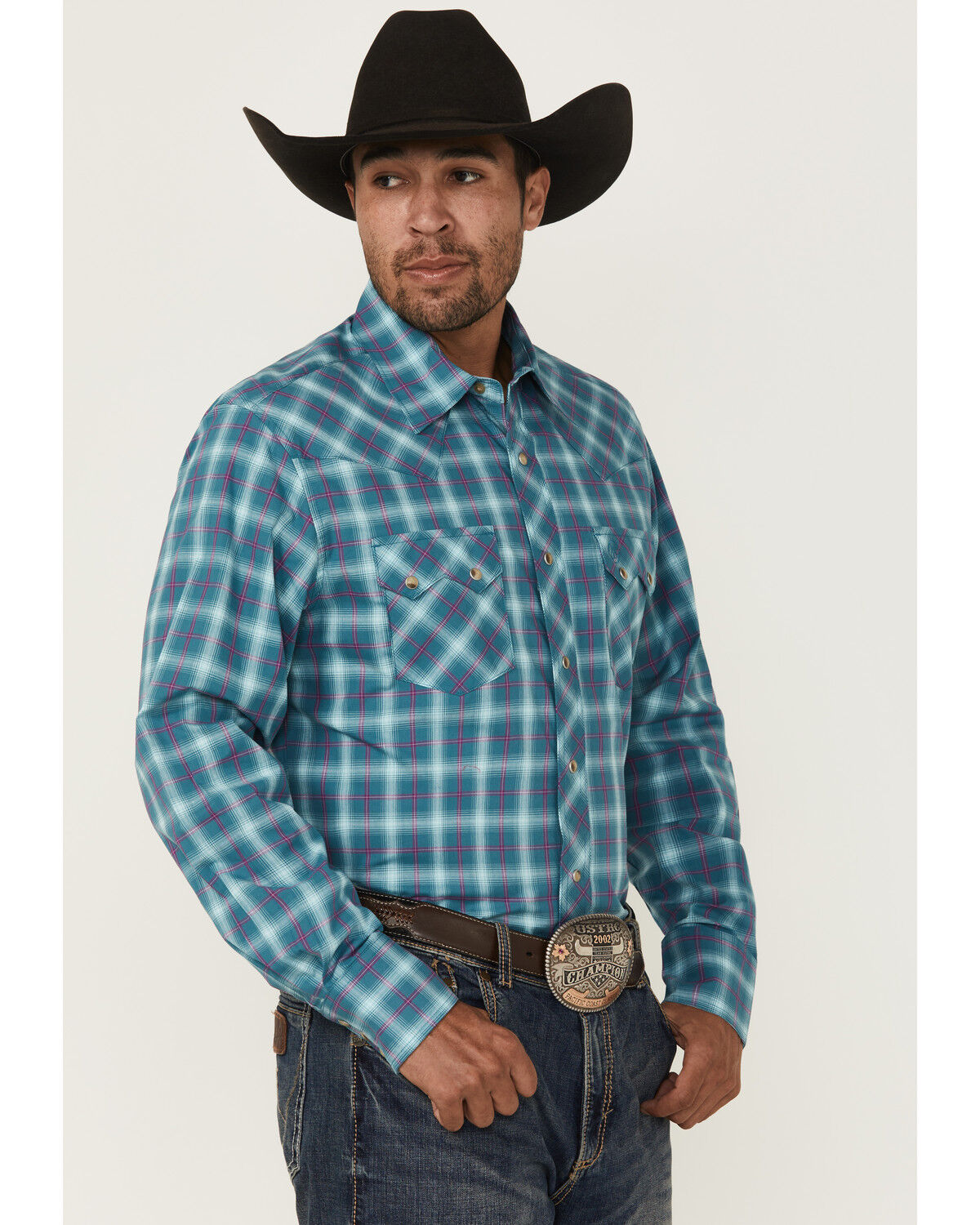 Image #1 - Wrangler Retro Men's Plaid Print Long Sleeve Snap Western Shirt, Turquoise, hi-res
