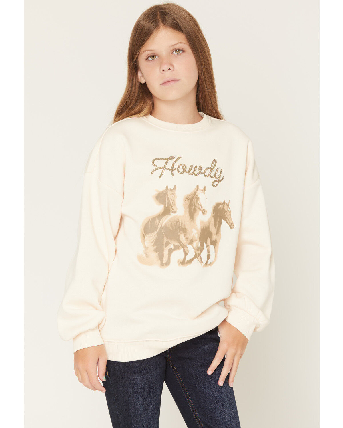 Shyanne Girls' Howdy Horse Graphic Crewneck Sweatshirt, Off White, hi-res