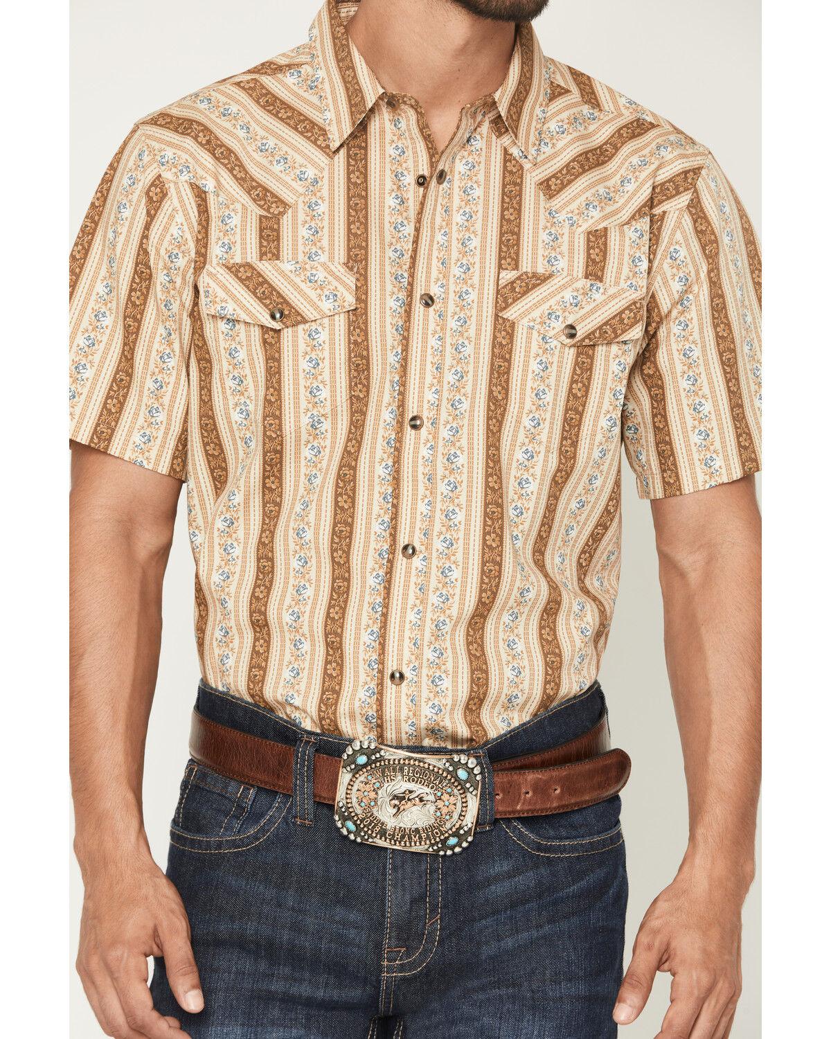 Image #3 - Gibson Trading Co Men's Calico Saloon Floral Striped Short Sleeve Snap Western Shirt, Cream, hi-res