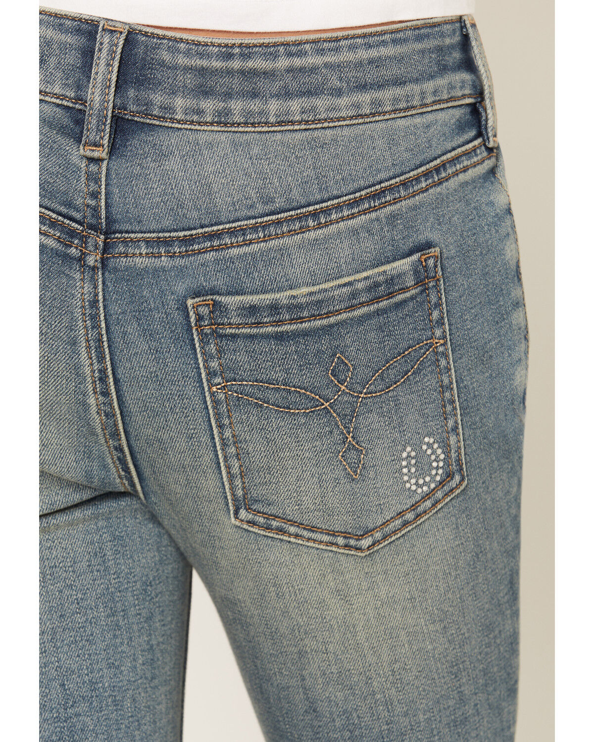 Image #4 - Shyanne Girls' Amber Dark Wash Rhinestone Embellished Lacey Flare Stretch Denim Jeans, Dark Wash, hi-res