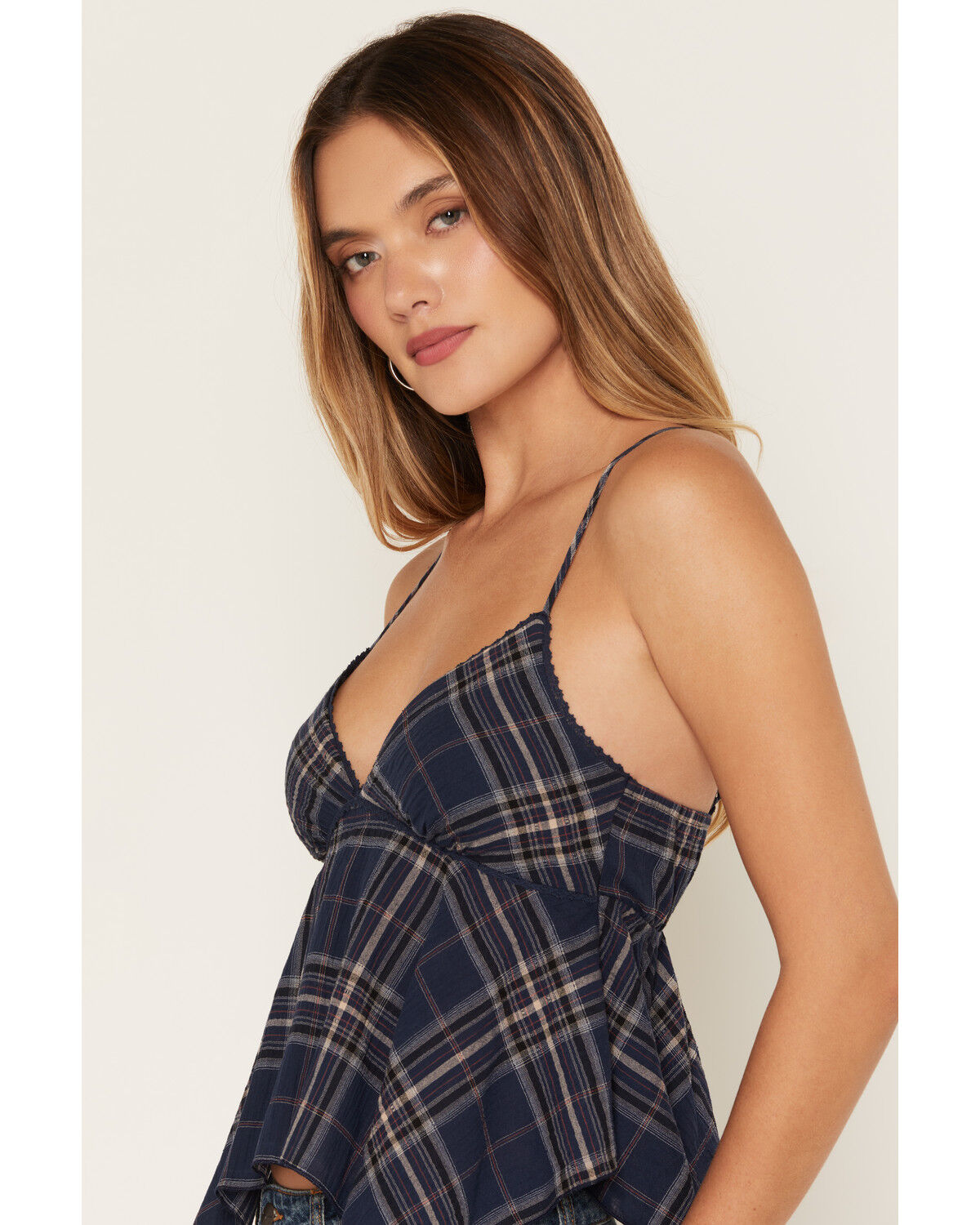 Image #2 - Cleo + Wolf Women's Plaid Print Hanky Hem Sleeveless Cami, Navy, hi-res