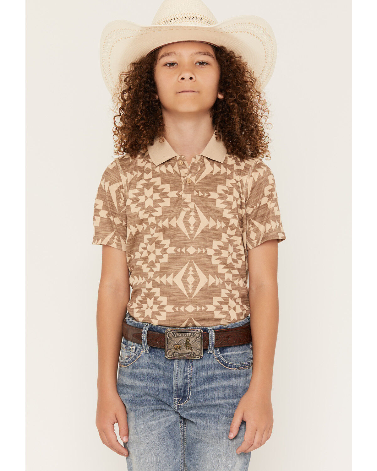 RANK 45&reg; Boys' Southwestern Print Short Sleeve Button-Down Polo Shirt, Tan, hi-res