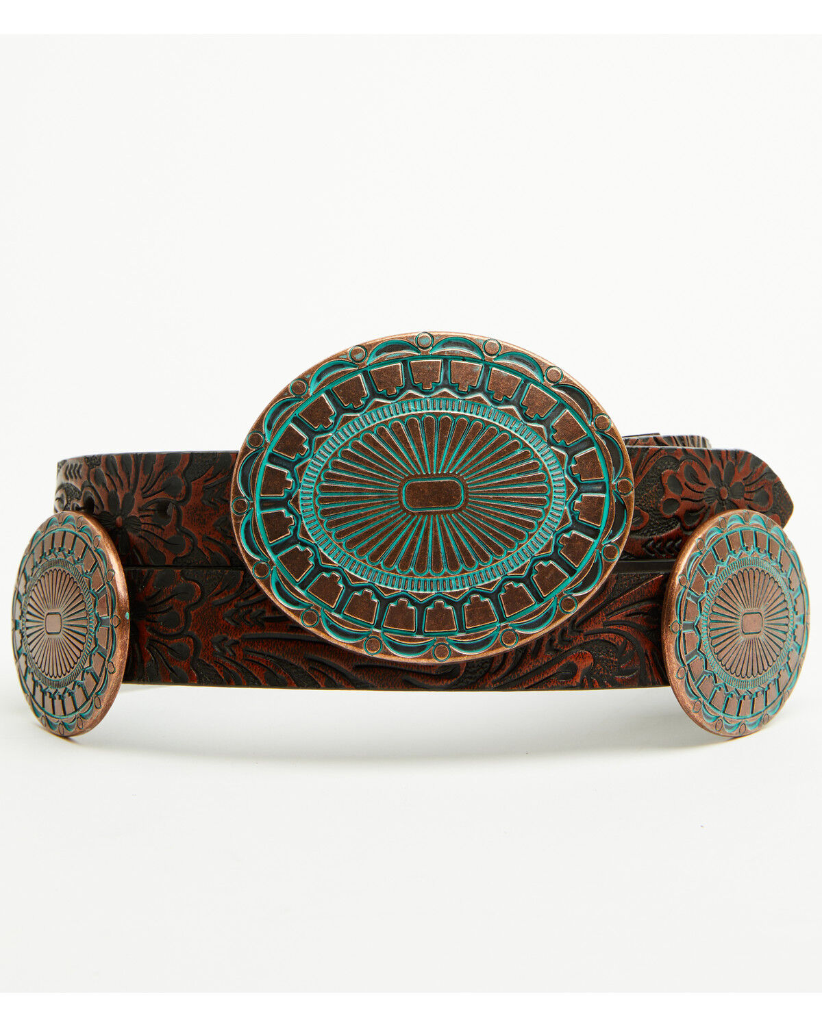 Shyanne Women's Prairie Tooled Leather Concho Belt, Brown, hi-res