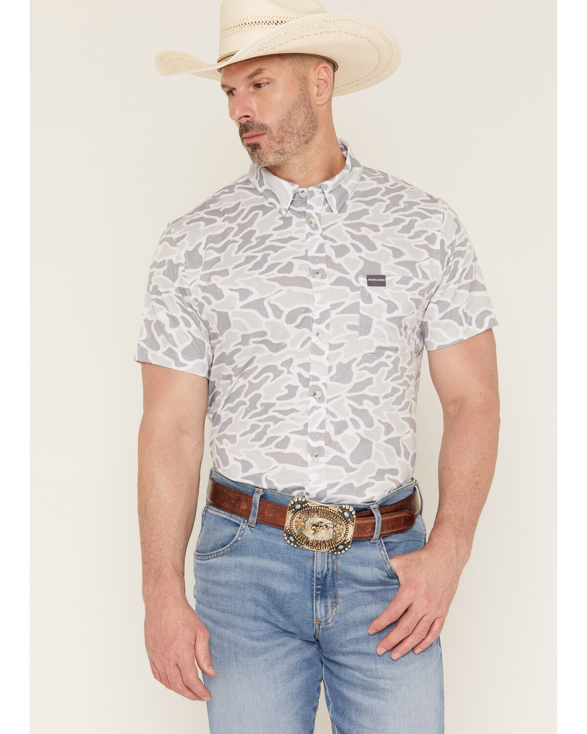 Burlebo Men's Camo Print Short Sleeve Button-Down Western Shirt, Camouflage, hi-res