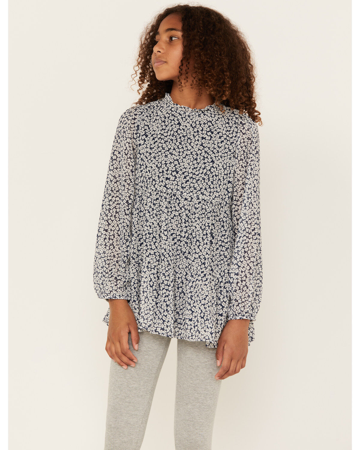 Hayden Girls' Ditsy Floral Long Sleeve Ruffle Top, Blue, hi-res