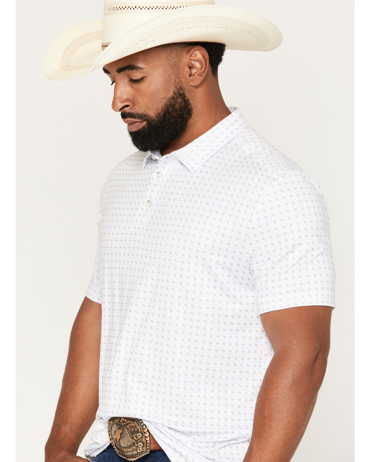 Image #2 - Burlebo Men's Texas Print Short Sleeve Button-Down Polo, White, hi-res