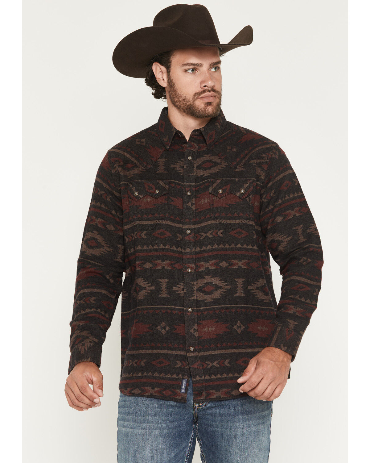 Image #1 - Moonshine Spirit&reg; Men's Antler Southwestern Print Long Sleeve Snap Flannel Shirt, Burgundy, hi-res