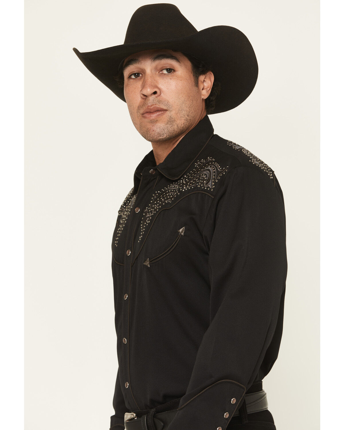 Image #2 - Scully Men's Embellished Solid Long Sleeve Pearl Snap Western Shirt, Black, hi-res